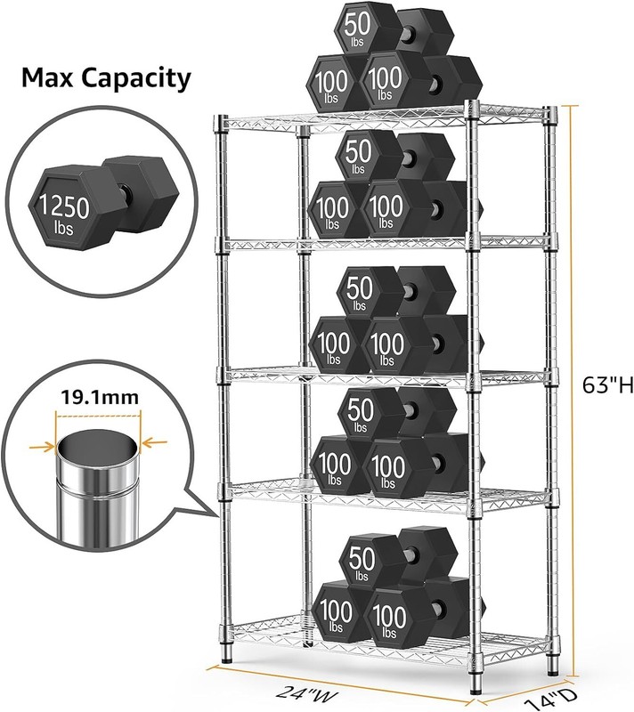 5 Tier Wire Storage Shelf Adjustable Heavy Duty Garage Shelving Kitchen Rack 63" gallery