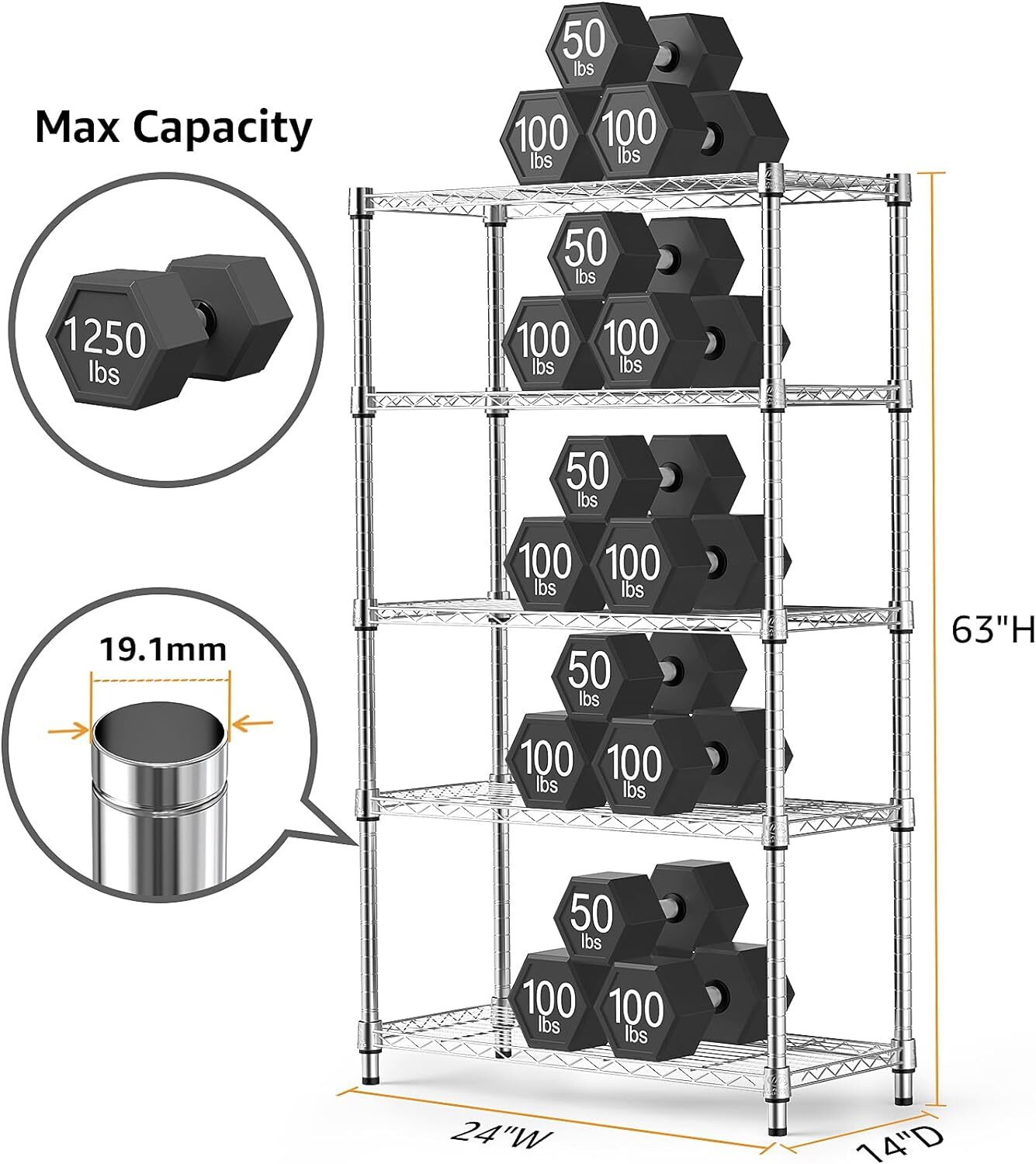 MZG 14'' 24'' 63'' 5-Tier Wire Storage Shelf Steel Shelving Racks Wire Pantry gallery