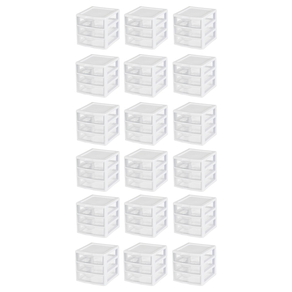 Sterilite ClearView Plastic Small 3 Drawer Desktop Storage Unit, White, 18 Pack
