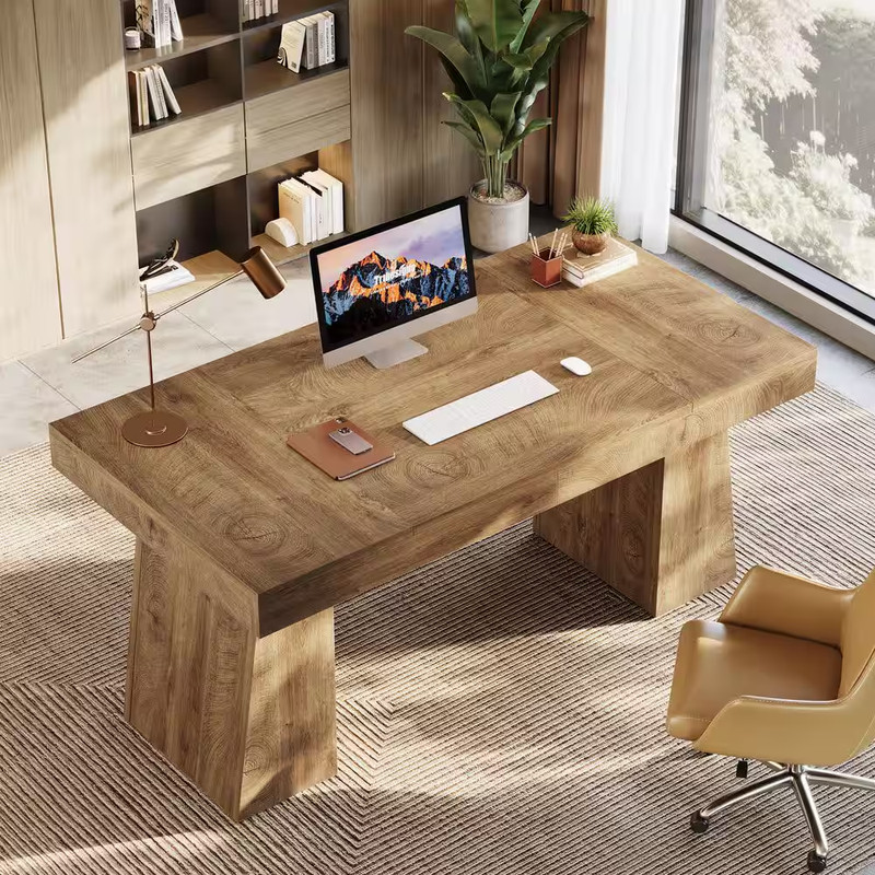 Moronia 55 In. Rectangle Light Brown Engineered Wood Executive Desk with Strong gallery
