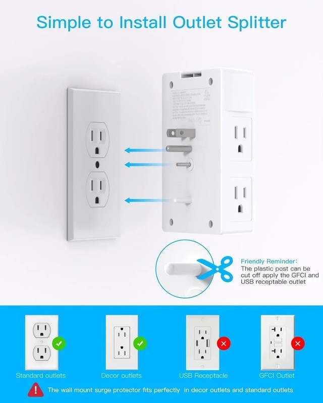 5 Outlet Extender Surge Protector Multi Plug Wall Adapter USB Charger Ports with gallery