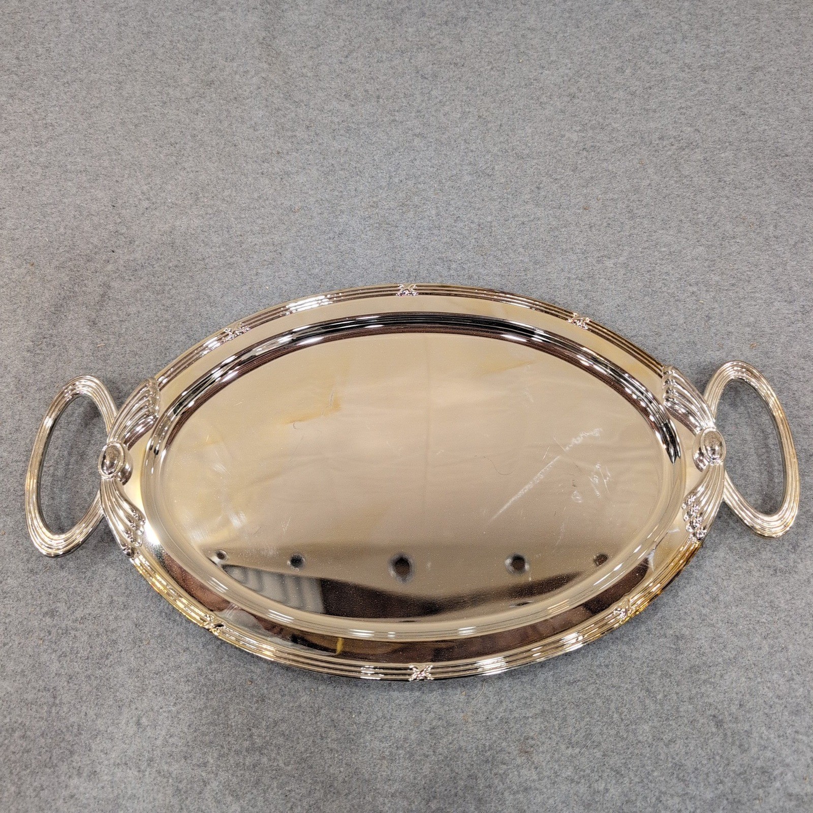 Silver Tone Oval Serving Tray with Decorative Handles Polished Mirror Finish gallery