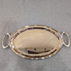 Silver Tone Oval Serving Tray with Decorative Handles Polished Mirror Finish