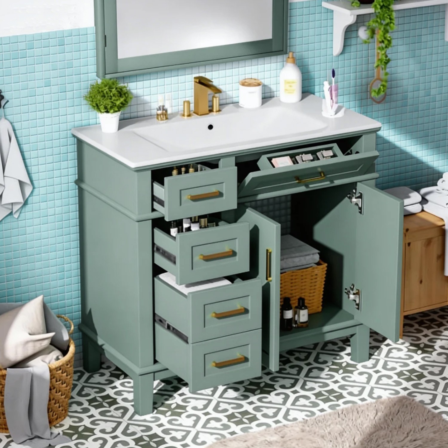 Sturdy 36In.W Bathroom Vanity Light Green Finish Large Storage Bathroom Vanities gallery