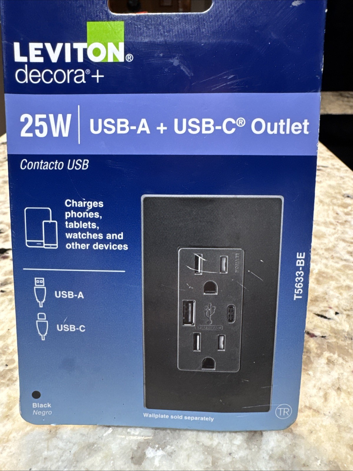 Leviton T5633-BE Decora USB Type-A/Type-C Wall Outlet Charger, 15A, BLACK gallery