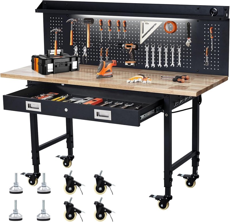 60'' Adjustable Workbench with Power Outlet, Wheels, Drawers, Pegboard gallery