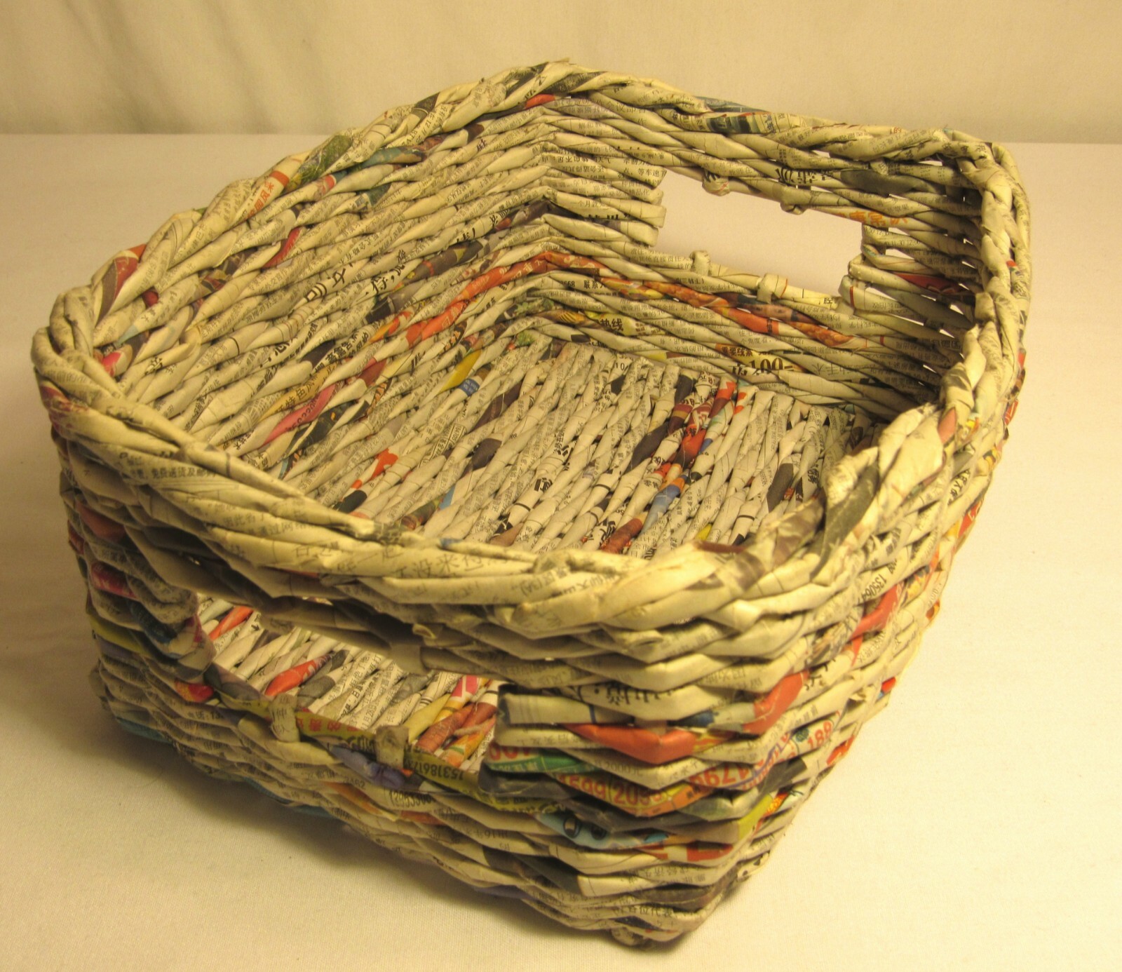 Basket Made from Chinese Newspapers with Integrated Handles, 12"L x 9"W x 5"H gallery