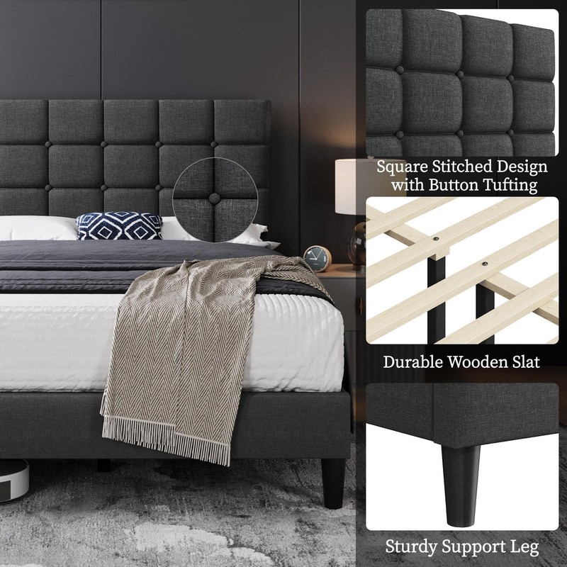 Upholstered Bed Frame, Modern Full Bed Platform with Square Stitched, Dark Gray gallery