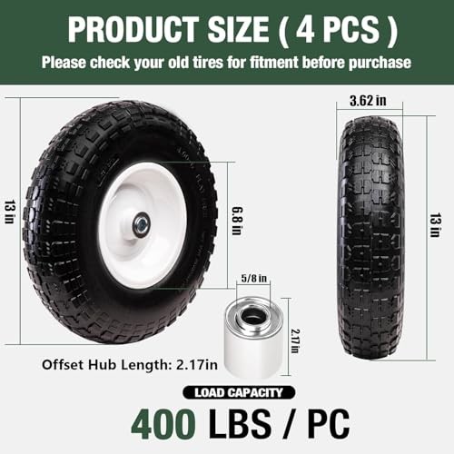 4 PCS 13 Inch Solid Flat Free Replacement Tires and Wheels 4.00-6 with 5/8'' gallery