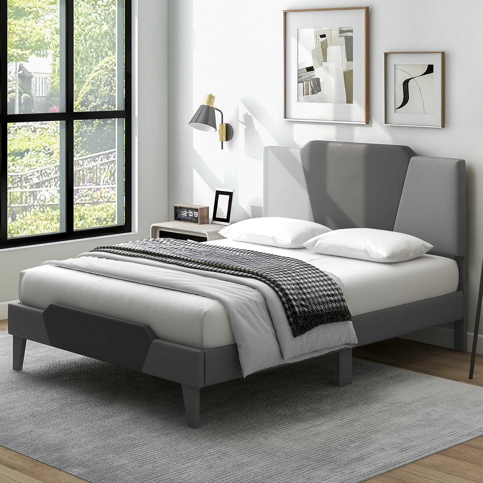 Full Size Upholstered Platform Bed Frame Velvet Headboard Mattress Foundation gallery