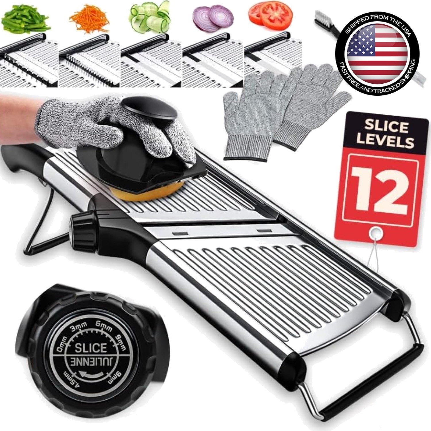Effortless Adjustable Mandoline Slicer with Non-Slip Base & Cut-Resistant Gloves gallery