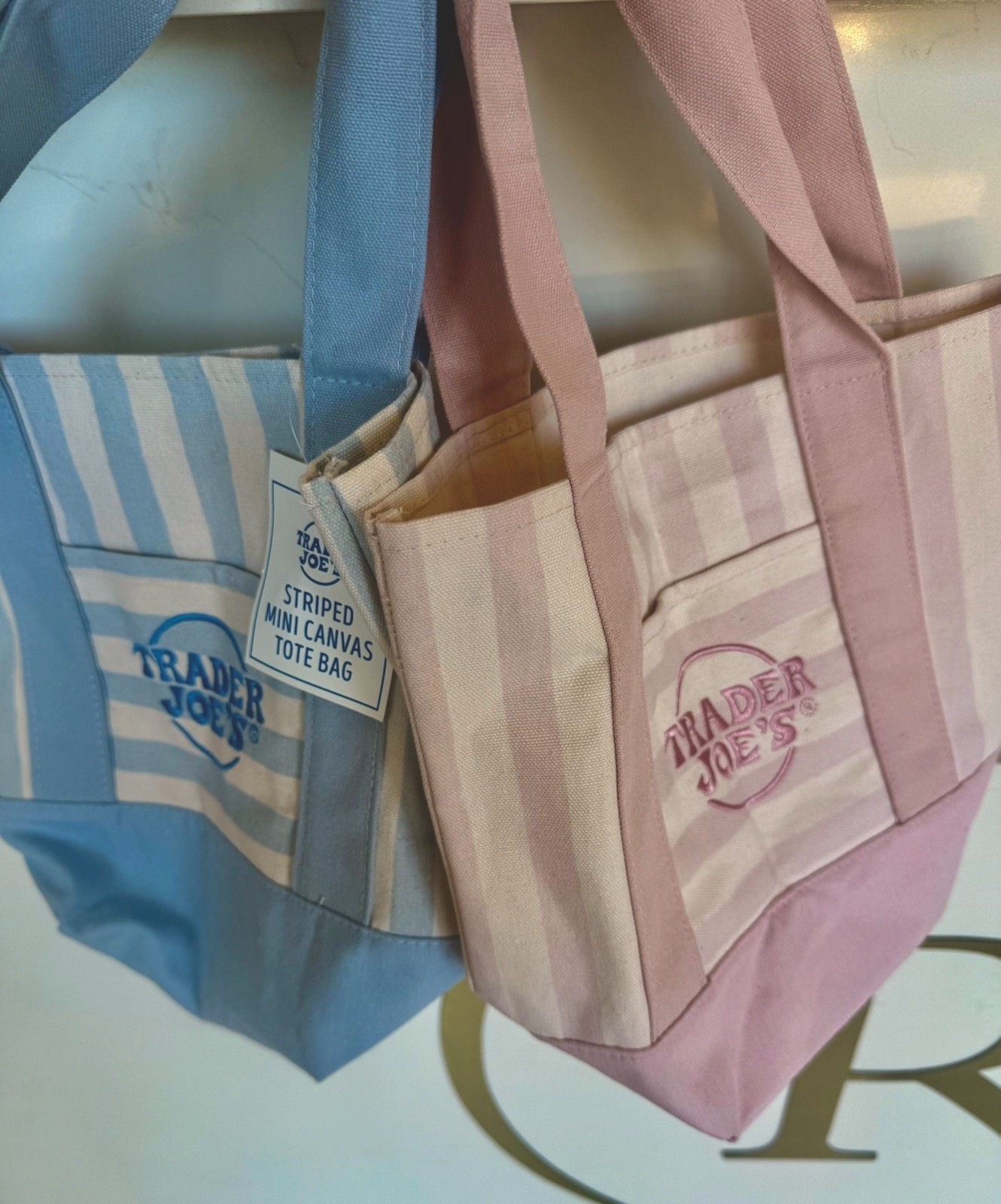 Trader Joe's Striped Mini Canvas Reusable Tote Bag, Pink & Blue gallery