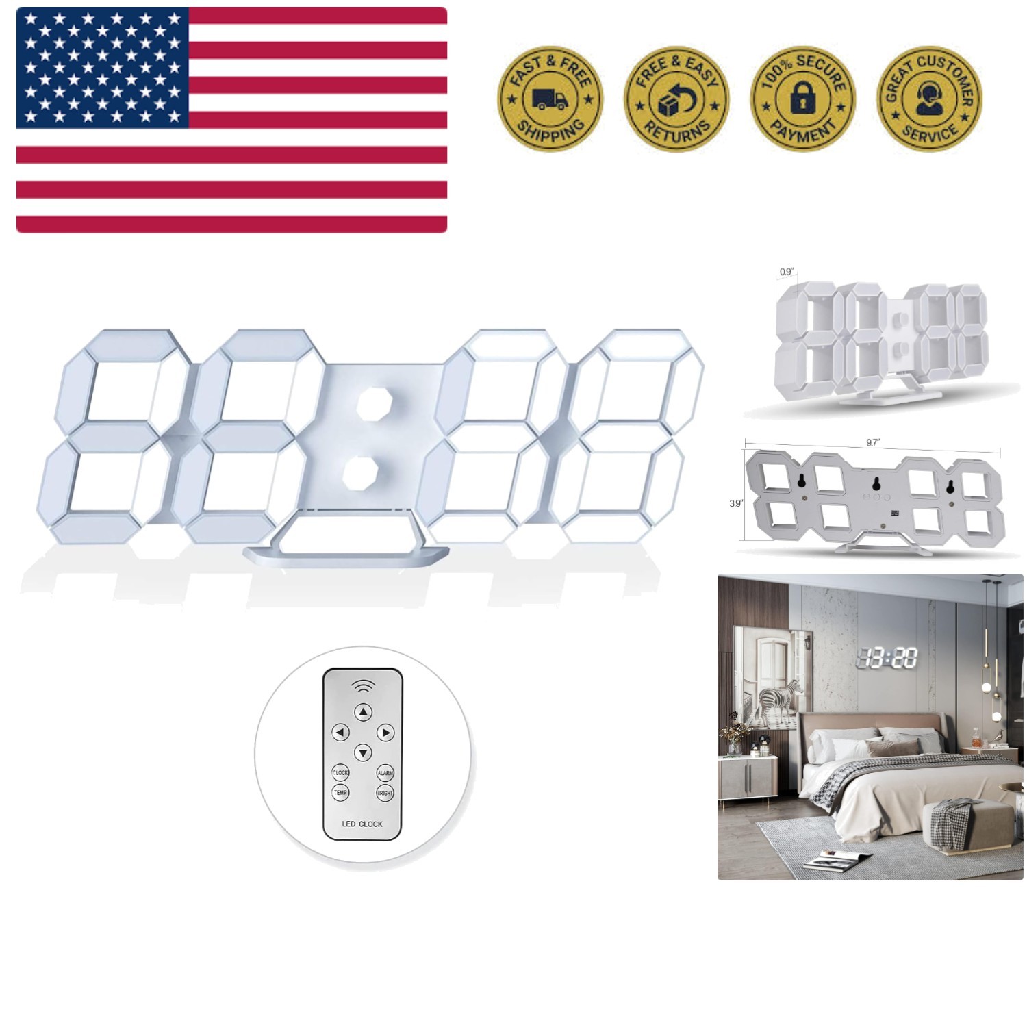 3D LED Digital Wall Clock/Desk Alarm Clock with Remote Control for Kitchen Be... gallery
