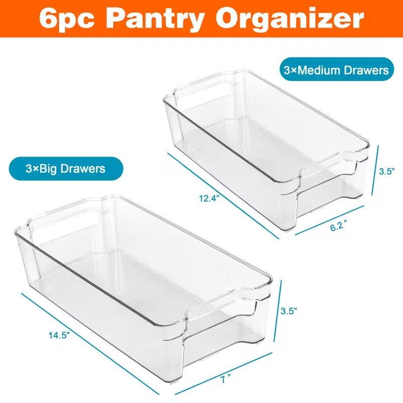 6 PCS Clear Plastic Storage Bin Container Set Pantry & Kitchen Fridge Organizer gallery