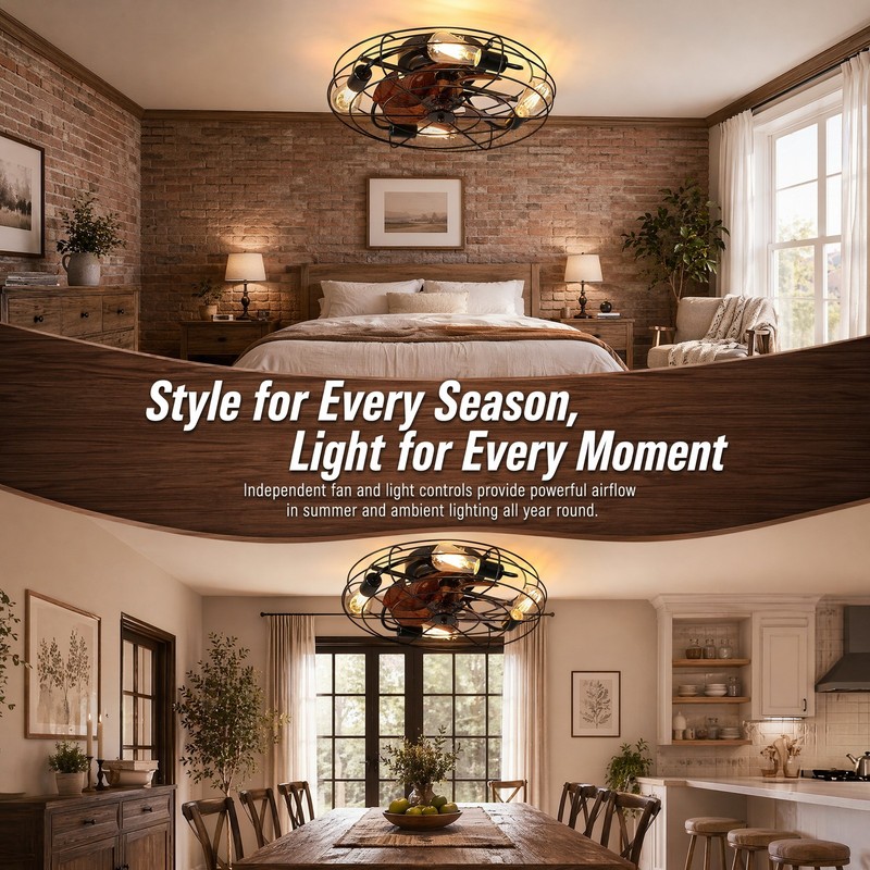 20'' Caged Ceiling Fan with Light Low Profile Flush Mount Remote Control Black gallery