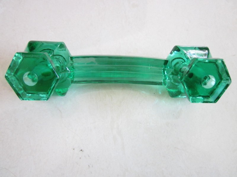 2 EMERALD GREEN GLASS CABINET PULLS DRAWER HANDLES VINTAGE STYLE gallery