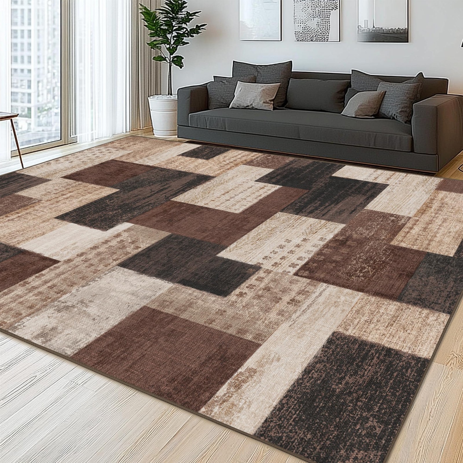 Area Rug 5 x 7 Modern Geometric Patchwork Indoor Chocolate Brown QDUIDU Living gallery