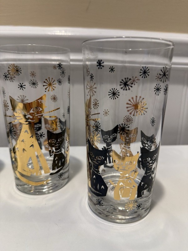 *4* MCM ATOMIC GOLD LEAF & BLACK STYLIZED CATS*KITTENS*STARS HIGHBALL GLASSES gallery