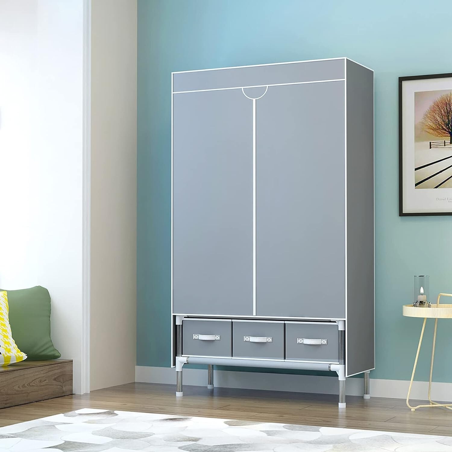 ASSICA Portable Clothes Closet Rolling Door Wardrobe with Hanging Rack Non-Woven gallery