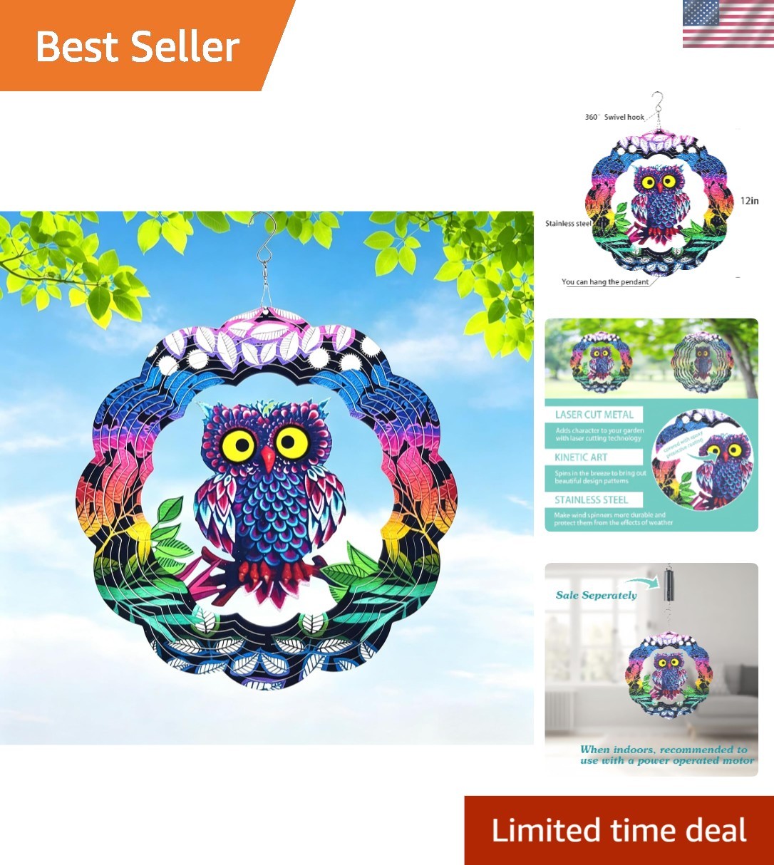 Vibrant 3D Owl Wind Spinner - Durable Outdoor Garden Sculpture for All Season gallery