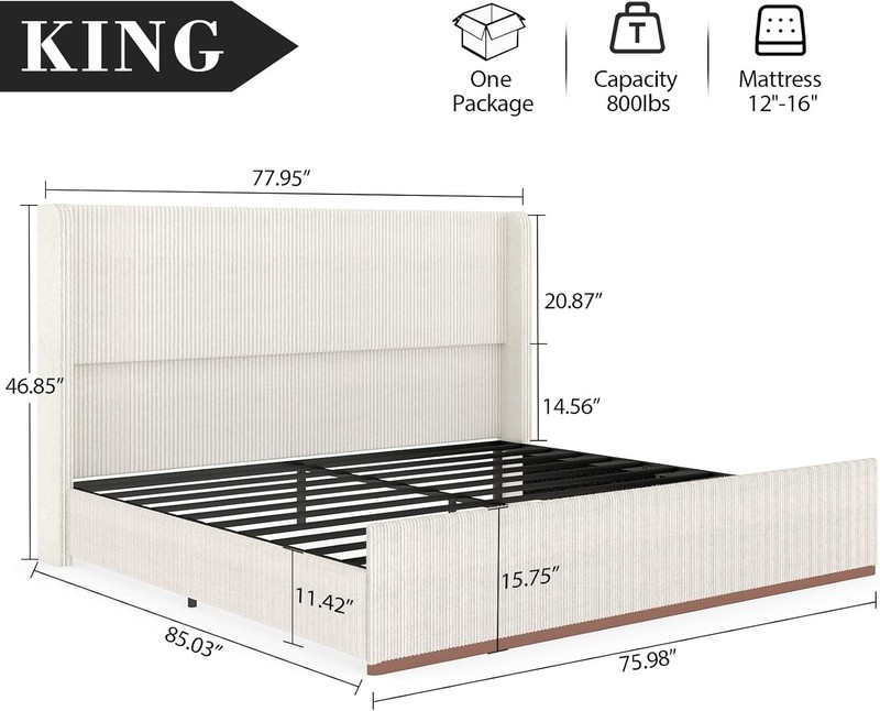 Wingback King Size Bed Frame Platform Bed with Corduroy Upholstered Headboard gallery