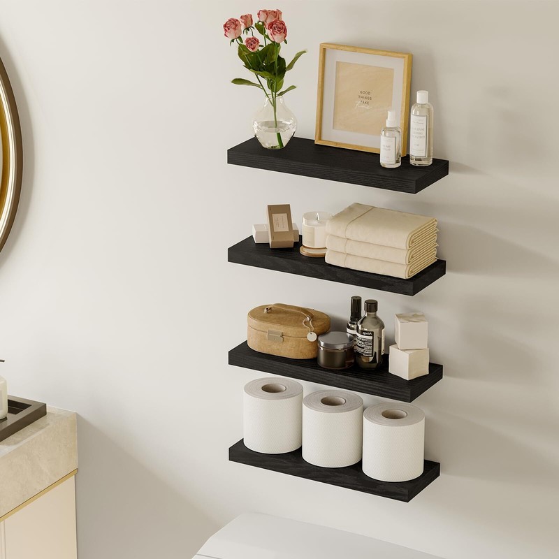 Black Wall Mounted Floating Shelves Rustic Wood Set of 4 15.8-Inch Storage gallery