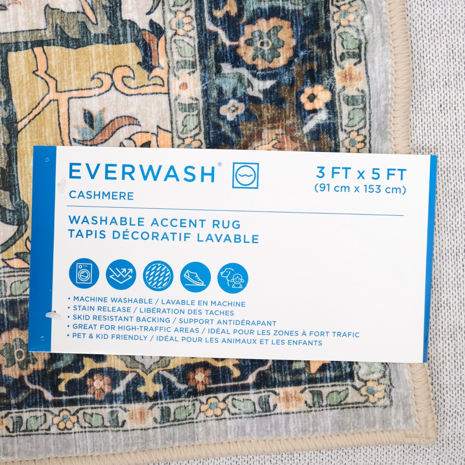 EVERWASH Light Grey Cashmere Washable Accent Rug 3FTx5FT Anti-Slip 91cm x 153cm gallery