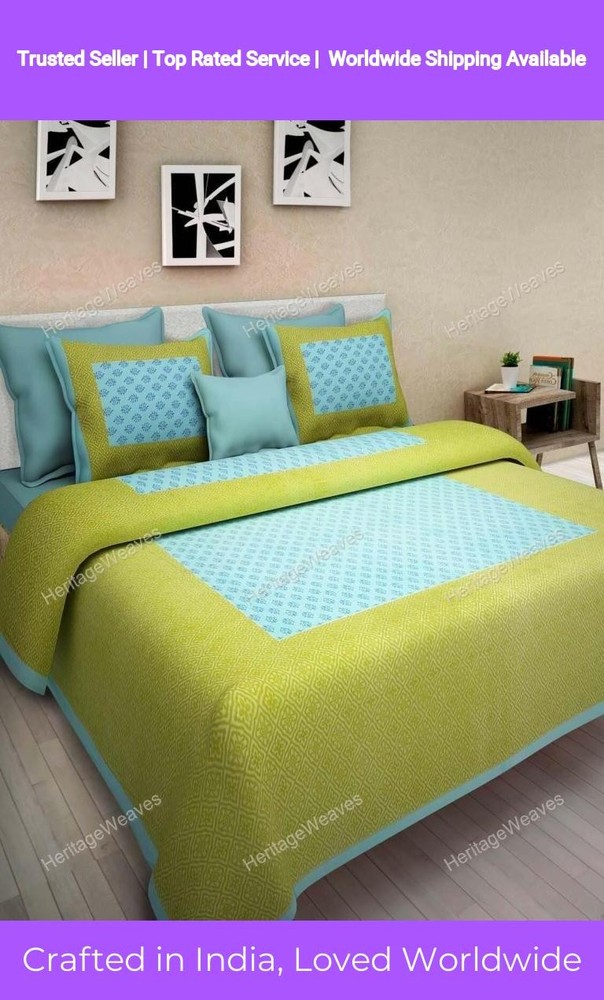 Bed Sheet with Two Pillow Cover Green Froal hand 4 Kaam Gad Buti Pure Cotton Dou