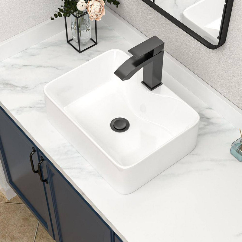 16 In. Rectangular Bathroom Ceramic Vessel Sink Basin in White with Black Faucet gallery