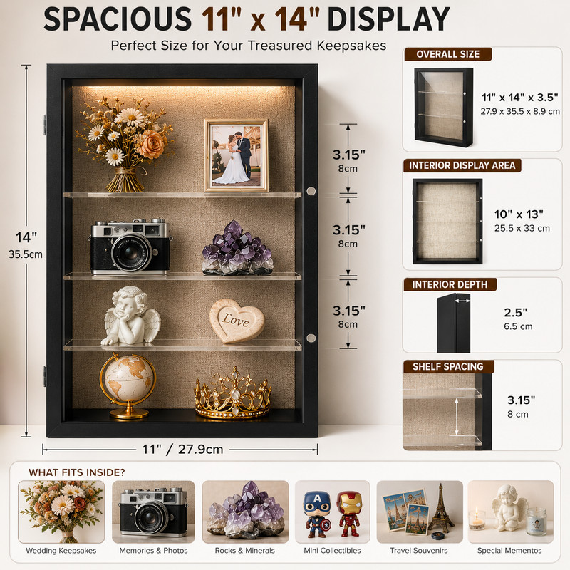 11x14 Shadow Box Display Cases Frame with Removable Clear Shelves Glass Door gallery