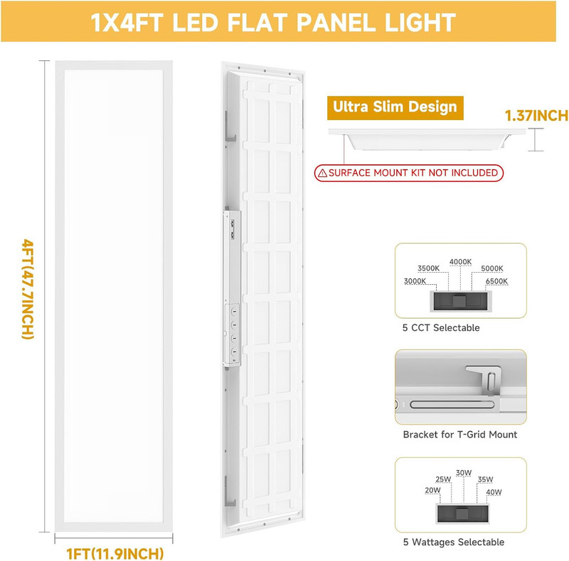 6 Pack 1X4 LED Flat Panel Light Drop Ceiling Office Fixture, 5040LM, 20W/25W/30W gallery