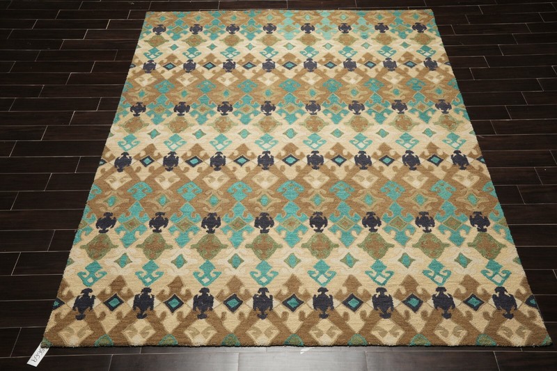Multi Sizes Handmade 100% Wool Modern Loop & Cut Pile Area Rug Beige Turquoise gallery