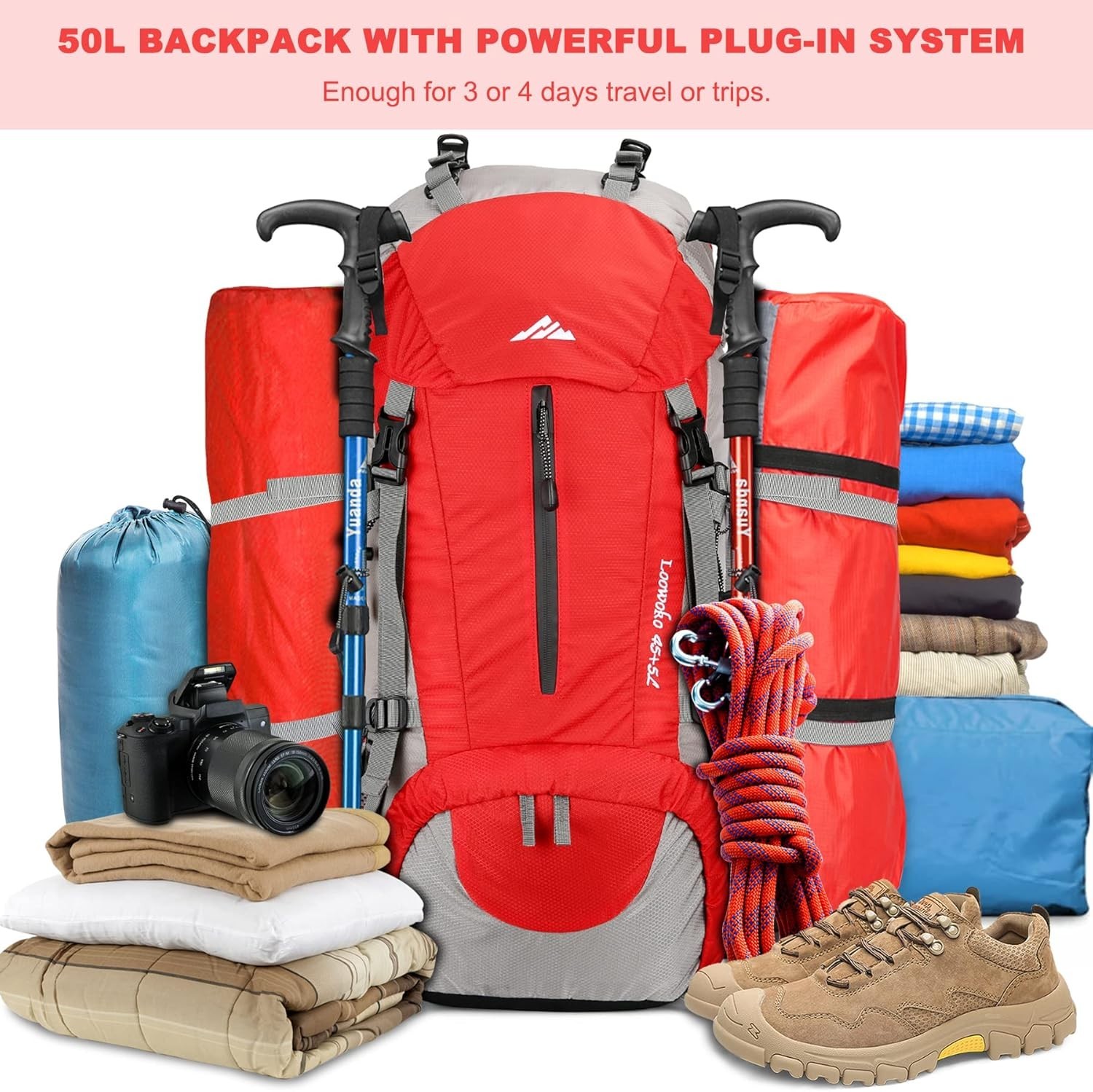 50 Liter Hiking Daypack - Waterproof Backpack with Multiple Pockets & Rain Cover 4