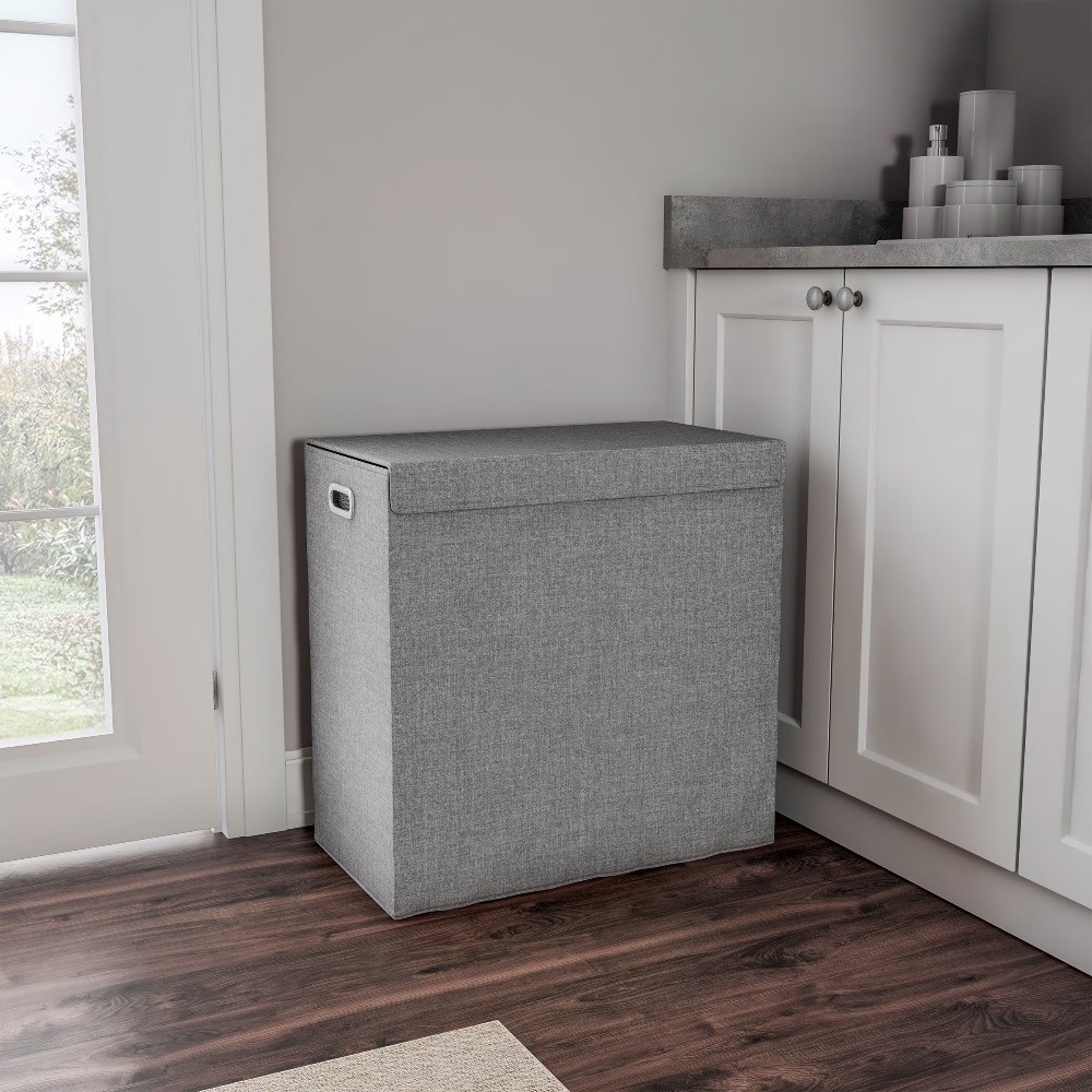 Lavish Home Two-Sided Fabric Laundry Hamper with Lid and Handles, Gray gallery