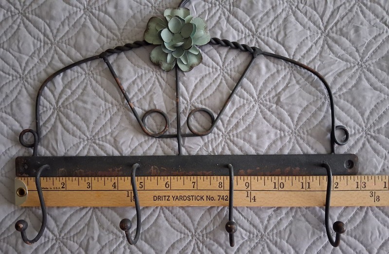 2 Rustic Metal Racks With Hooks Primitive Wall Mounted With Metal Floral Accent gallery