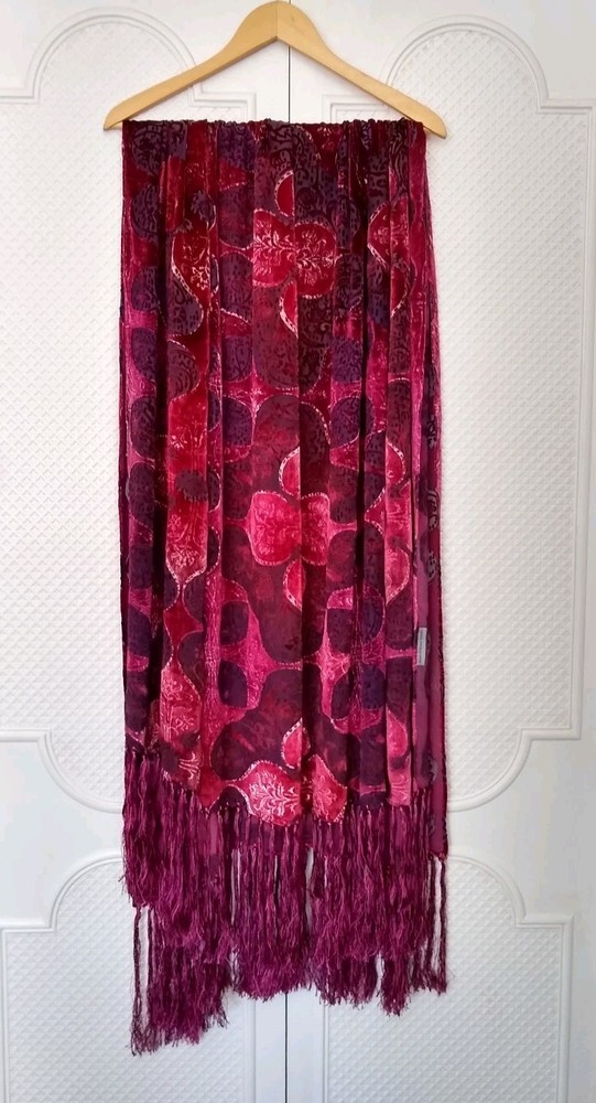 Kevin O'Brien Studio Throw Burnout Velvet fringe Arabesque style scarf shawl
