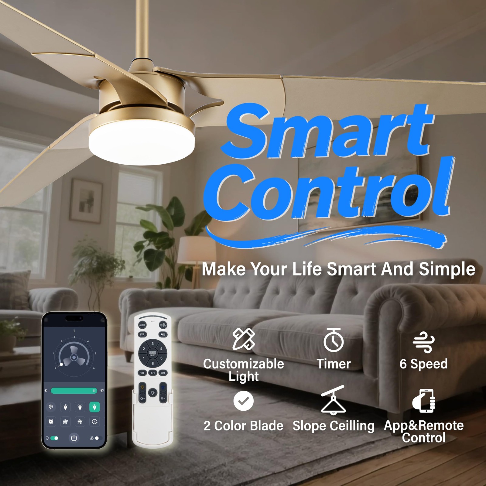 Ceiling Fan 52 In Gold LED Remote Control 3 Blade Reversible Esiovco Lights Wood gallery