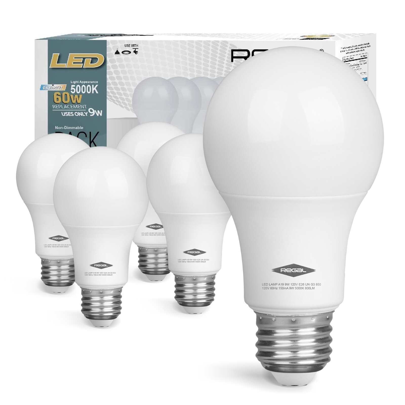 5 Pack Regal LED A19, E26 Light Bulbs Daylight 9W (60W Equivalent) 800 Lumens gallery