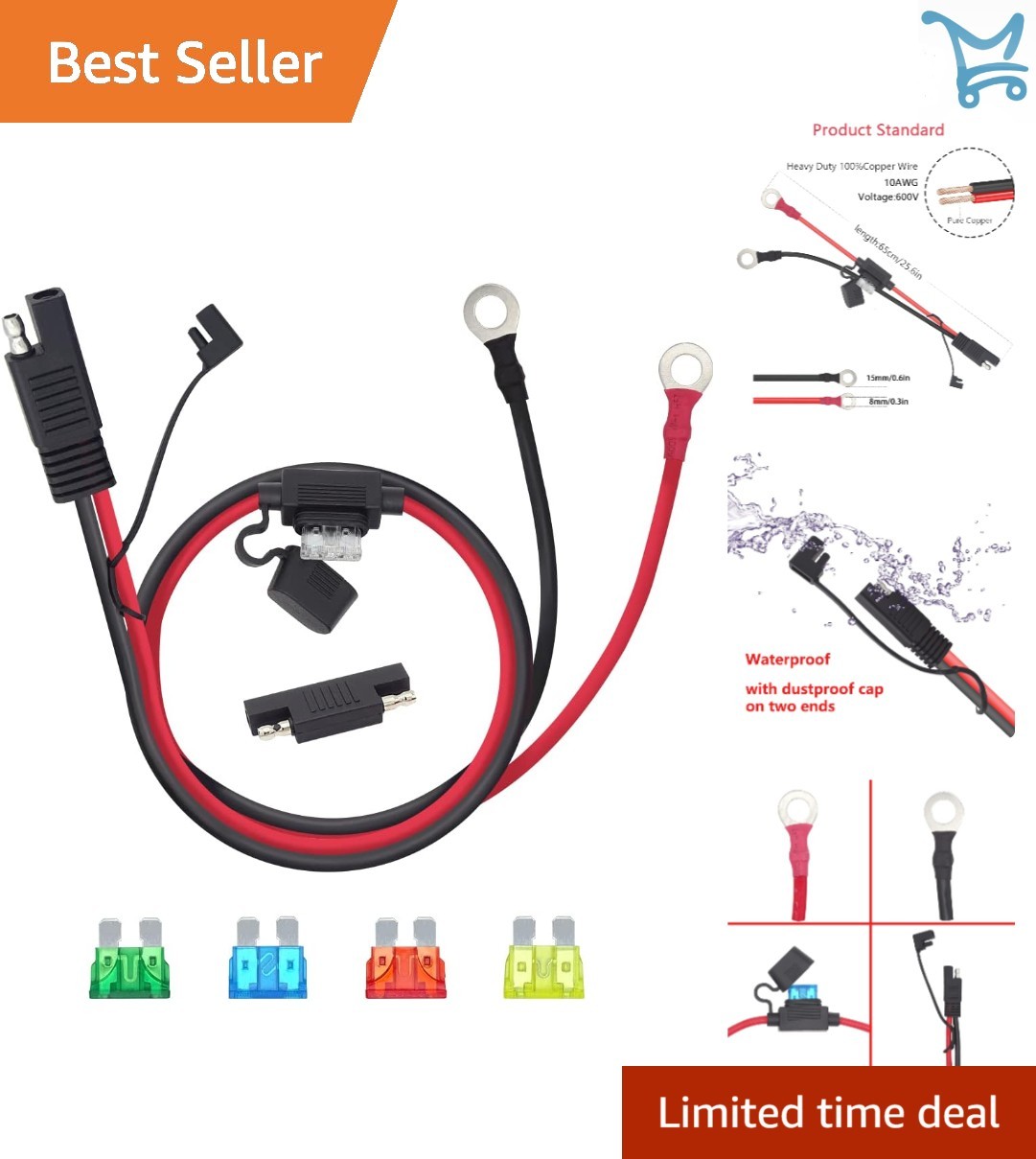 2 FT SAE Extension Cable Copper 10GA Waterproof Quick Connect with Fuse gallery