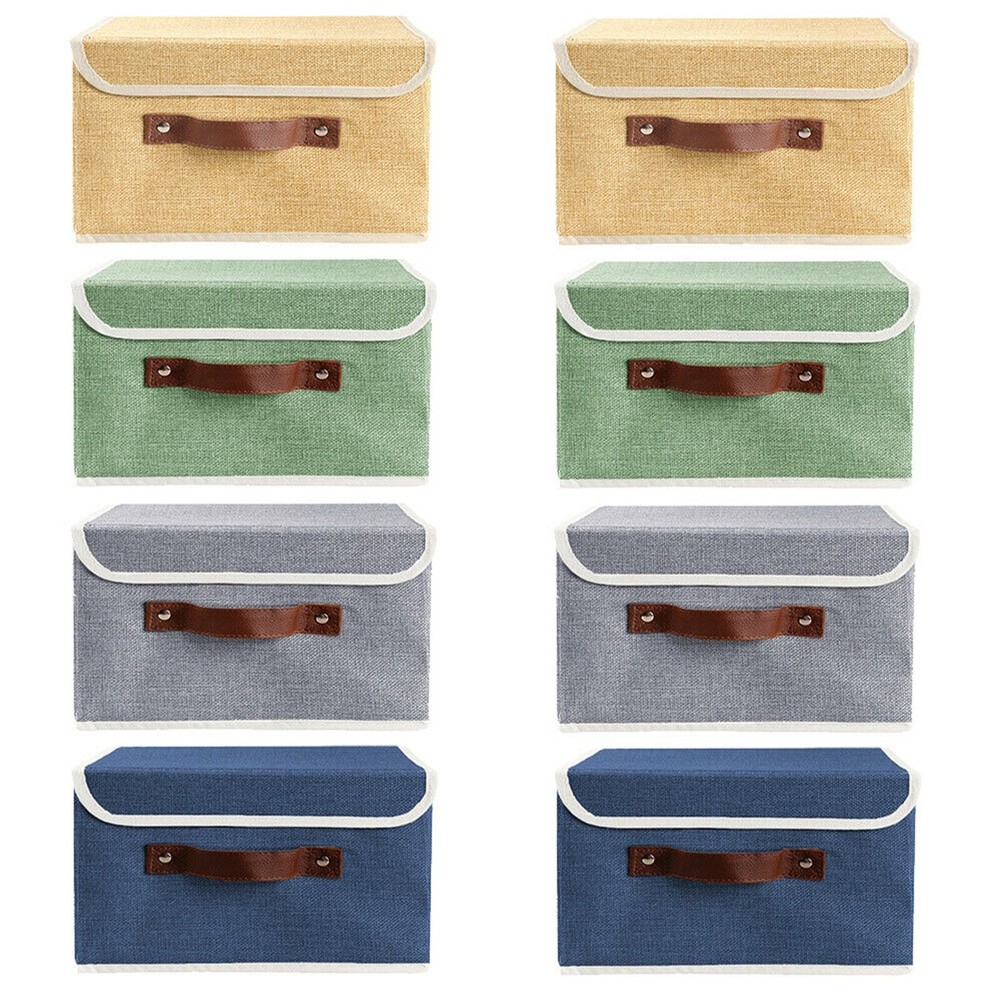 8Pc Collapsible Storage Box With Lid Linen Fabric Foldable Bins Organizer Basket