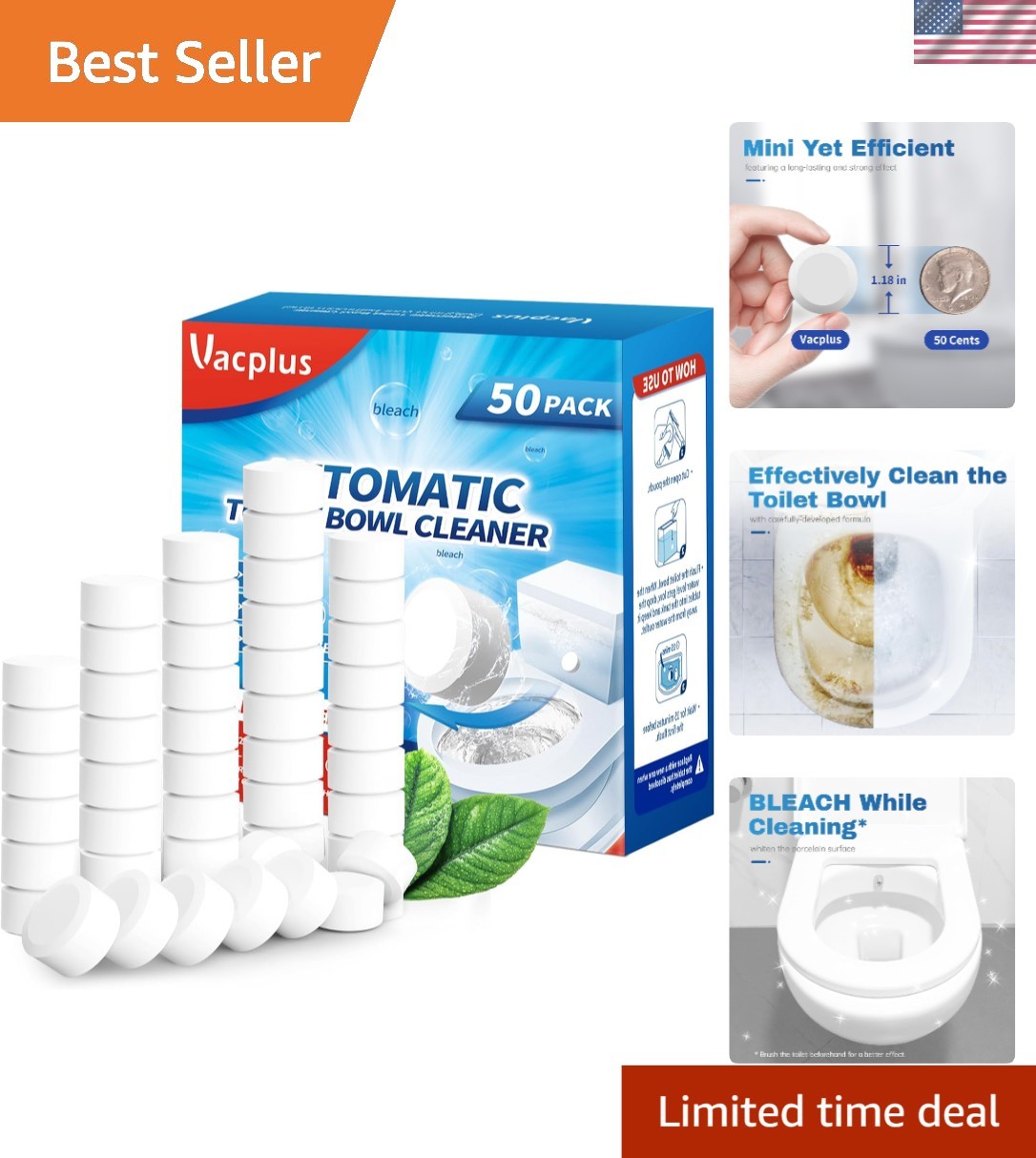 Bleach Scent Toilet Bowl Cleaner Tablets - Automatic 50 Pack for Odor Control gallery