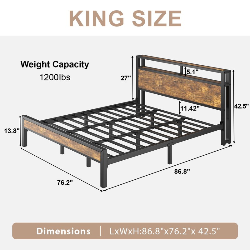 LED Light Bed Frame with 2-Tier Storage Headboard and Charging Station/Grey gallery