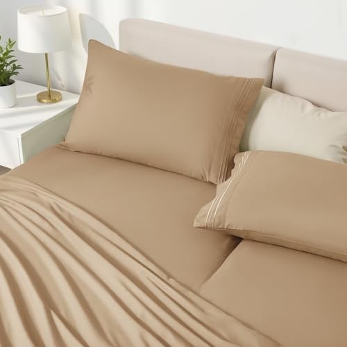 Split Head King Sheet Set - 4 Pieces Flex Top King Sheets for Adjustable Taupe gallery