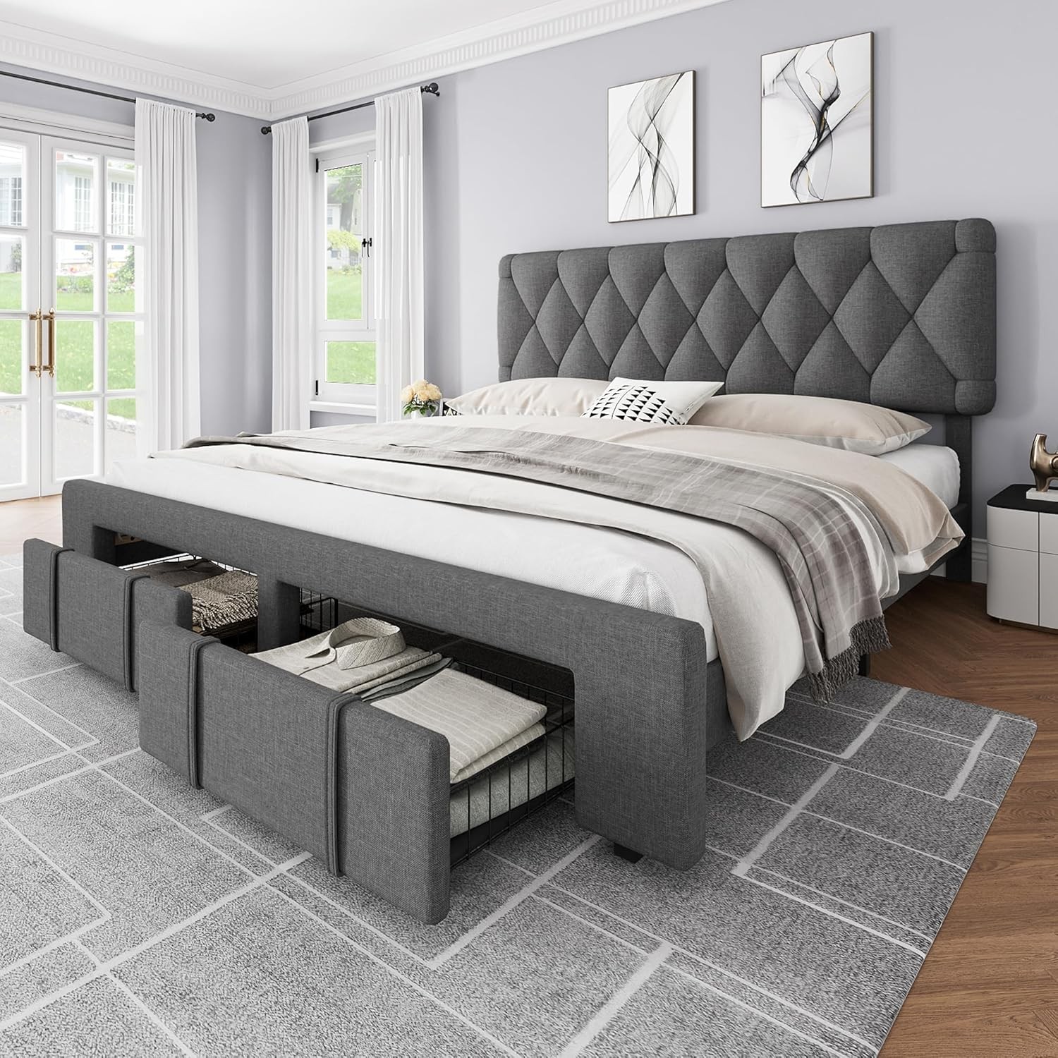 Queen Size Bed Frame, Upholstered Platform Bed Frame with 2 Storage Drawers gallery