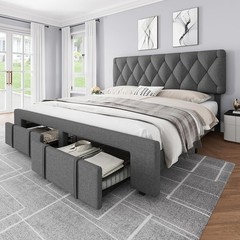 Queen Size Bed Frame, Upholstered Platform Bed Frame with 2 Storage Drawers