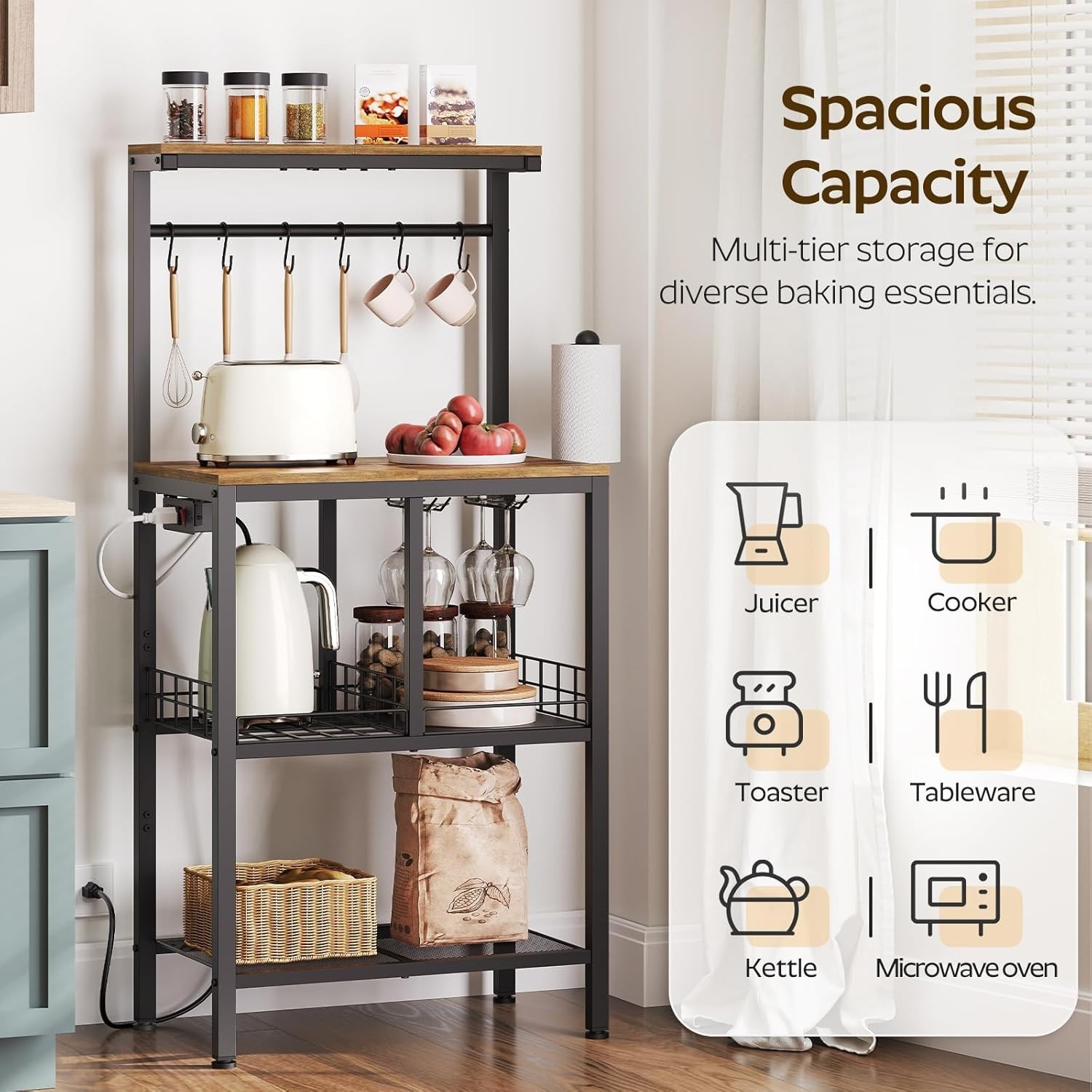 NEW Bakers Rack with Power Outlet 4 Tier Microwave Stand Coffee Bar Station gallery