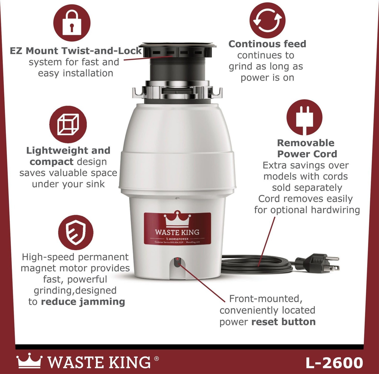 Waste King Legend Continuous Feed Garbage Disposal for Kitchen Sink 1/2HP L-2600 gallery