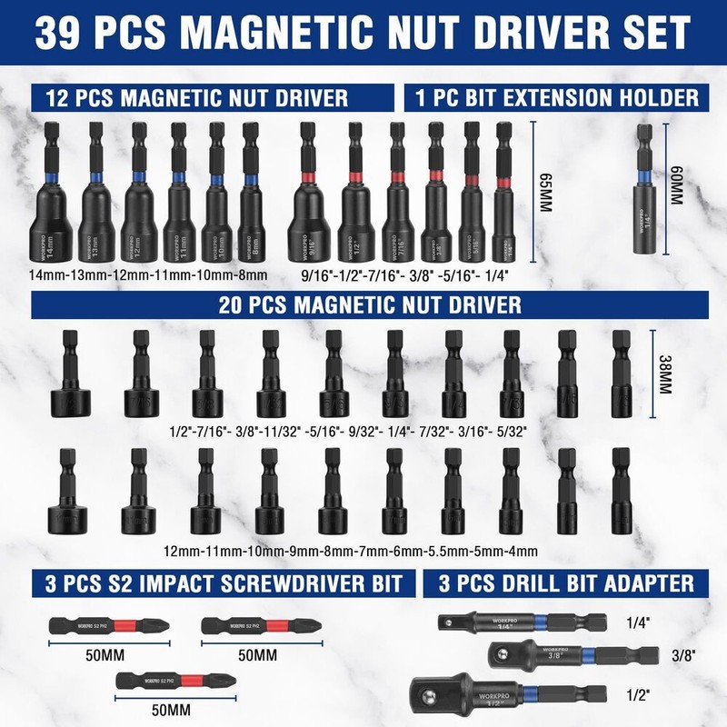 WORKPRO 39PC Magnetic Nut Driver Set Impact Drill Driver Bit 1/4" Hex SAE&Metric gallery