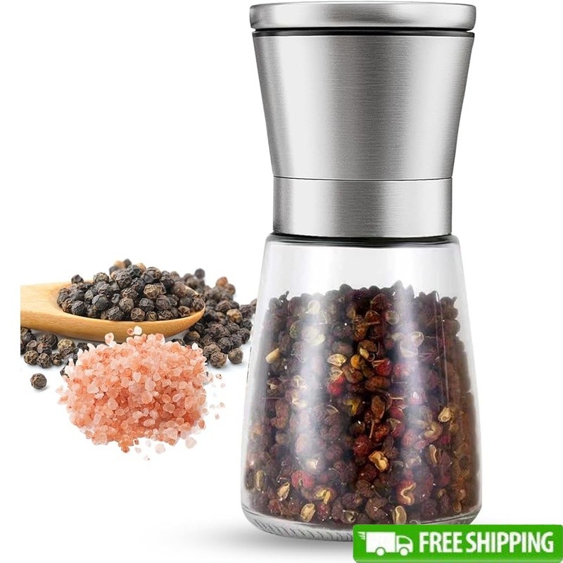 Manual Pepper Grinder Adjustable Coarseness Stainless Steel Glass Spice Mill 6oz