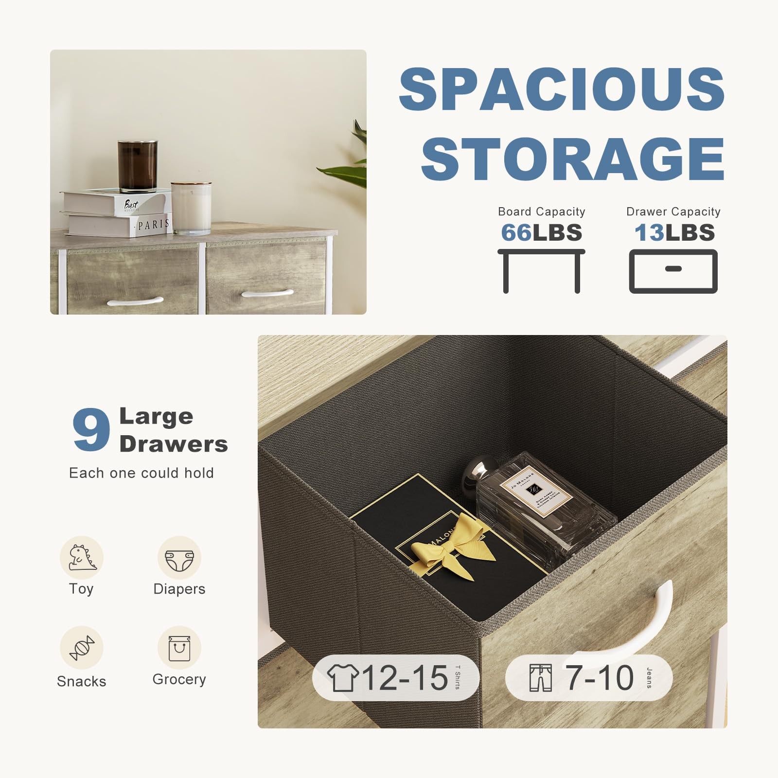 Dresser 9 Drawer Storage Organizer Fabric Bins Gold CAB-9BC-GO DUMOS Bedroom gallery